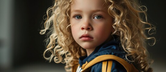 Blonde curly-haired child beauty model showcases stylish sportswear while walking in the studio.