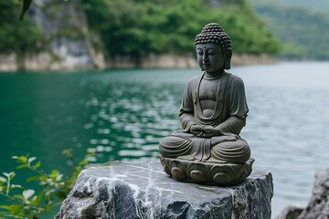 "Serenity by the Lakeside: Buddha Statue Amidst Nature's Tranquility. A Banner of Spiritual Serenity and Natural Harmony."






