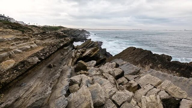 rocky coast of the Atlantic ocean at Baleal peninsula, Ferrel, municipality of Peniche, district of Leiria, Portugal