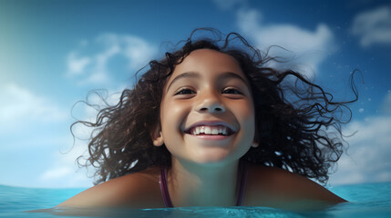 happy latin girl having fun on vacation in the pool