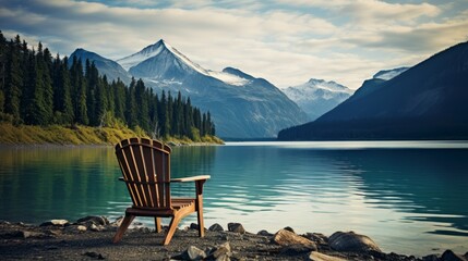 Chair on the shore of a serene lake with tall serene mountains in the background. - obrazy, fototapety, plakaty