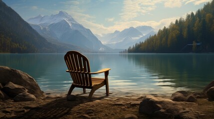 Chair on the shore of a serene lake with tall serene mountains in the background. - obrazy, fototapety, plakaty