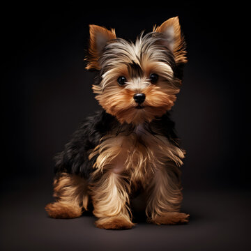 Miniature Yorkie dog with a black background 