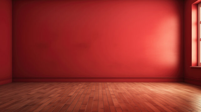 Empty minimalist red room with wooden floor and sunlight from the window.