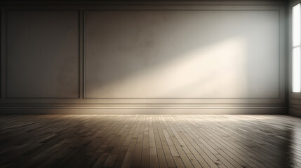 Empty classic room with wooden floor and sunlight.