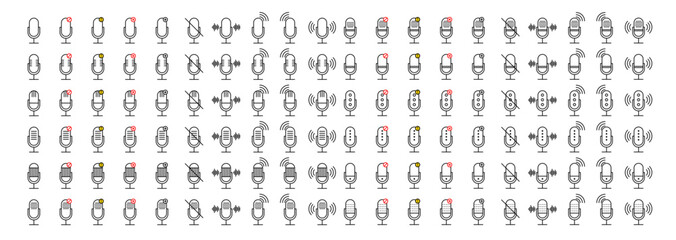 Radio audio mic vector buttons set. studio record mic icon. on and off microphone sign collection - obrazy, fototapety, plakaty