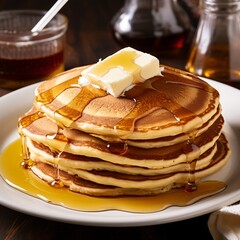A stack of pancakes with butter and syrup - obrazy, fototapety, plakaty