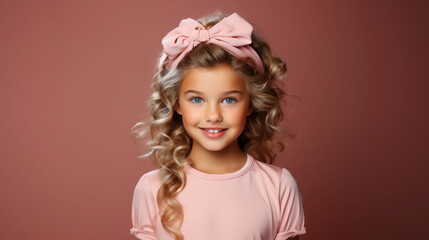 Fototapeta premium beautiful smiling little girl with headband and wavy hair on color background in studio, happy child, children's fashion, portrait, kid, childhood, stylish person, cute baby, hairband, emotional face