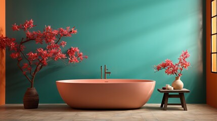 Bathroom with a pink bathtub and a green wall