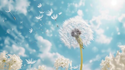 A dandelion with fluttering seeds in a windy sky.