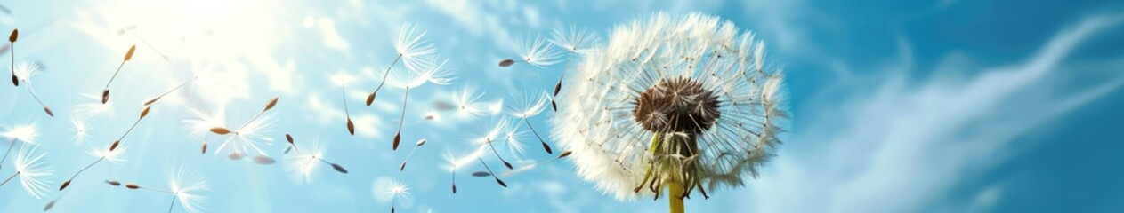 A windy sky dandelion with flying seeds - obrazy, fototapety, plakaty