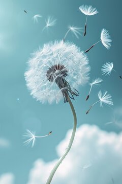 A windy sky dandelion with flying seeds © BrandwayArt