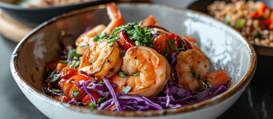 Fried shrimp, red cabbage, tomatoes, red pepper, and green onions with black bowl sauce.