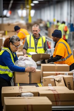 Diverse workers packing and sorting items in a warehouse