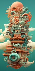 Surreal illustration of a Chinese-style city with a blue sky background