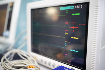 Monitoring equipment in operating room. ECG-heart rate pulse monitor in hospital. Cardiogram monitor in operating theatre. EKG monitor in ICU unit. Device is turned on before attaching to patient. - obrazy, fototapety, plakaty
