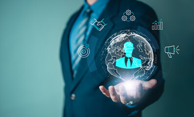 business, hr, management, technology, community, network, talent, communication, team, inspection. businessman holds earth hud with hr management and organization icon embracing digital connectivity.