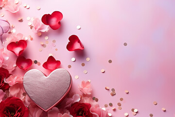 red rose and heart decoration on pastel pink background