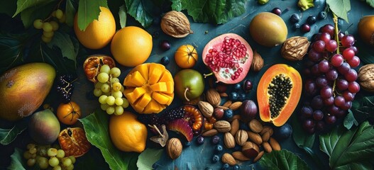 Fototapeta na wymiar Assorted fresh fruits and nuts arranged on dark background. Healthy food and lifestyle.
