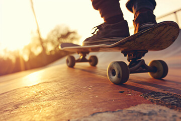 Skateboard jump down low angle wide shot, dynamic skateboard shot in golden hour 