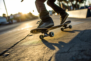 Fototapeta na wymiar Skateboard jump down low angle wide shot, dynamic skateboard shot in golden hour 