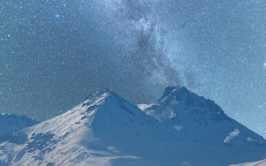Beautiful night landscape. Snow covered mountains under beautiful bright Milky Way Galaxy.