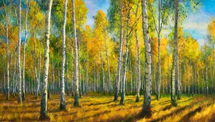 Foto auf Acrylglas Birkenhain digital oil painting of birch grove in autumn landscape impasto printable square artwork