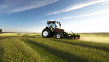 tractor mowing grass in meadow
