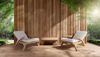 Fototapeta na wymiar outdoor seating corner with wood batten background in tree shade interior design outdoor space copy space