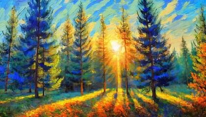 autumn forest landscape with blue fir trees and sun digital oil painting impasto printable square...