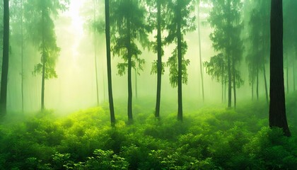 misty morning green gradient dreamy forest silhouette atmosphere phone wallpaper background ai generated