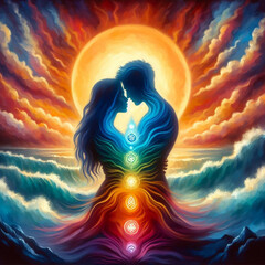 Twin flame couple. Soulmates. The concept of magical, esoteric, tantric, spiritual love. Connection between souls. Illustration for websites and much more. Created using generative ai tools
