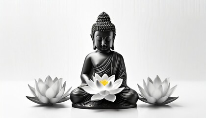 beautiful little black white buddha with lotus flower white background studio