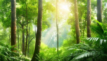 panorama banner background of tropical forest landscape scene for using in concept of environmental ecology and sustainable energy or earth day wild wood scenic using for wallpaper of spa and tourism