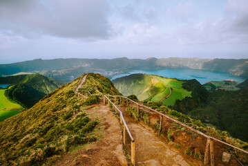 Scenic view from Miradouro da Boca do Inferno to crater lakes of Sete Cidades, Azores, Sao Miguel Island, Portugal. Hiking trail leading to viewpoint