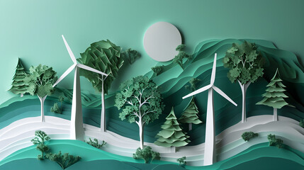 Papercut Windmills - renewable energy, ecologically sustainable, environment friendly. Generative AI - obrazy, fototapety, plakaty