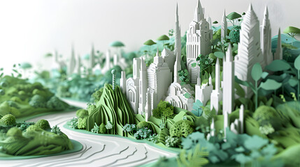 Eco city, white and green colors, minimal papercut. Generative AI