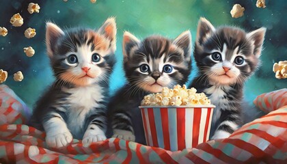adorable baby kittens watching movie with popcorn fantasy concept illustration painting