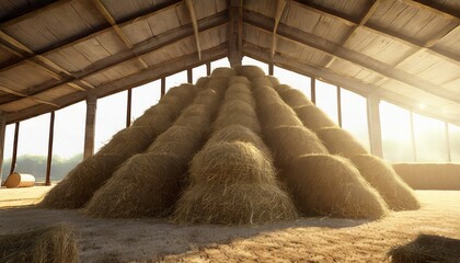 a huge hay stack in a barn