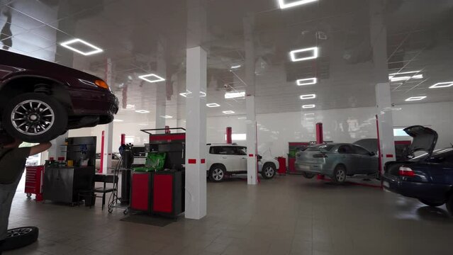 Auto mechanics work on vehicles in modern car service. Technicians repair cars, perform maintenance, diagnostics, under bright LED lights in clean garage. Auto shop interior, crew in action.