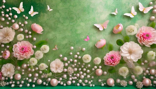 beautiful floral mural horizontal green backdrop with pink pearls flowers and butterflies decoration wall art generative ai