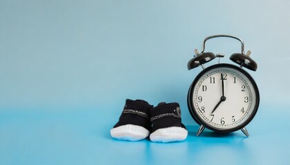 alarm clock and baby booties on light blue background space for text time to give birth
