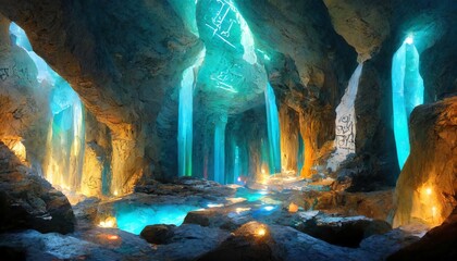 an underground cavern with bioluminescent crystals and mystical inscriptions digital concept illustration painting