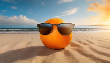 Fototapeta na wymiar orange with sunglasses on the beach generative ai