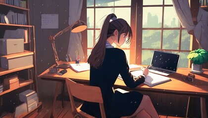 lofi girl studying at her desk rain ourside beautiful chill atmospheric wallpaper 4k background lo fi hip hop style anime manga style