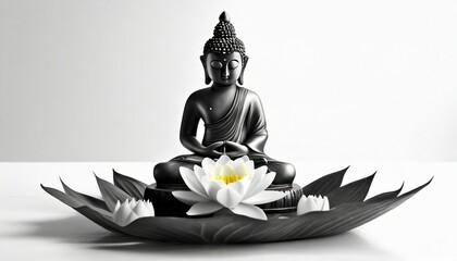 beautiful little black white buddha with lotus flower white background studio