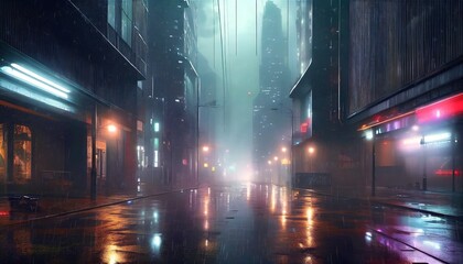cyberpunk streets illustration futuristic city dystoptic artwork at night 4k wallpaper rain foggy moody empty future evil buildings - obrazy, fototapety, plakaty