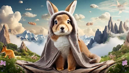 Tuinposter photo wallpapers for the children s room little animals wall decor with animals magical mountains a fabulous world rabbit bear fox in the clouds © RichieS