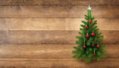 Fototapeta na wymiar christmas fir tree placed over an empty space on a rustic wooden background for festive holiday banners