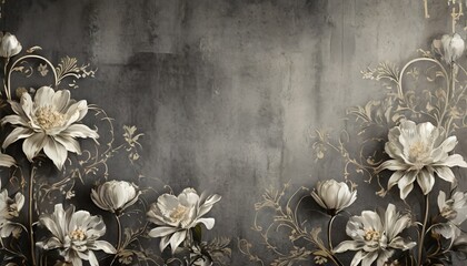 flowers illustration on dark concrete grunge wall loft modern classic baroque rococo design for interior projects wallpaper photo wallpaper mural poster home decor card